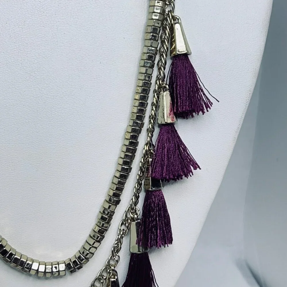 Double Strand Gold Tone Curb Chain Statement Necklace With Purple Tassels (5452) - Picture 4 of 8